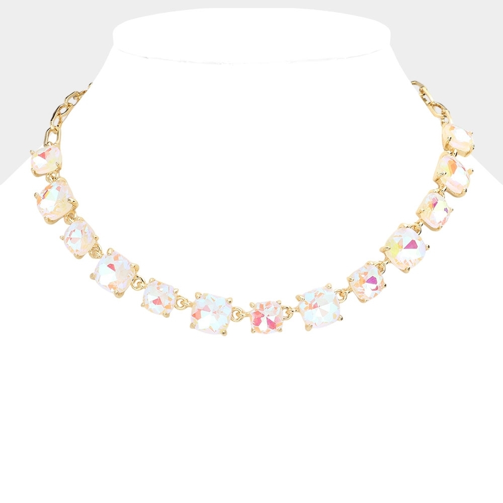 Abalone White Square Stone Link Crystal Necklace Chain Evening